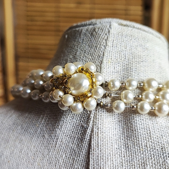 Three 3 Strand Faux Pearl Gold Tone Collar Necklace Clear AB Beads Japan Clasp - Picture 3 of 16